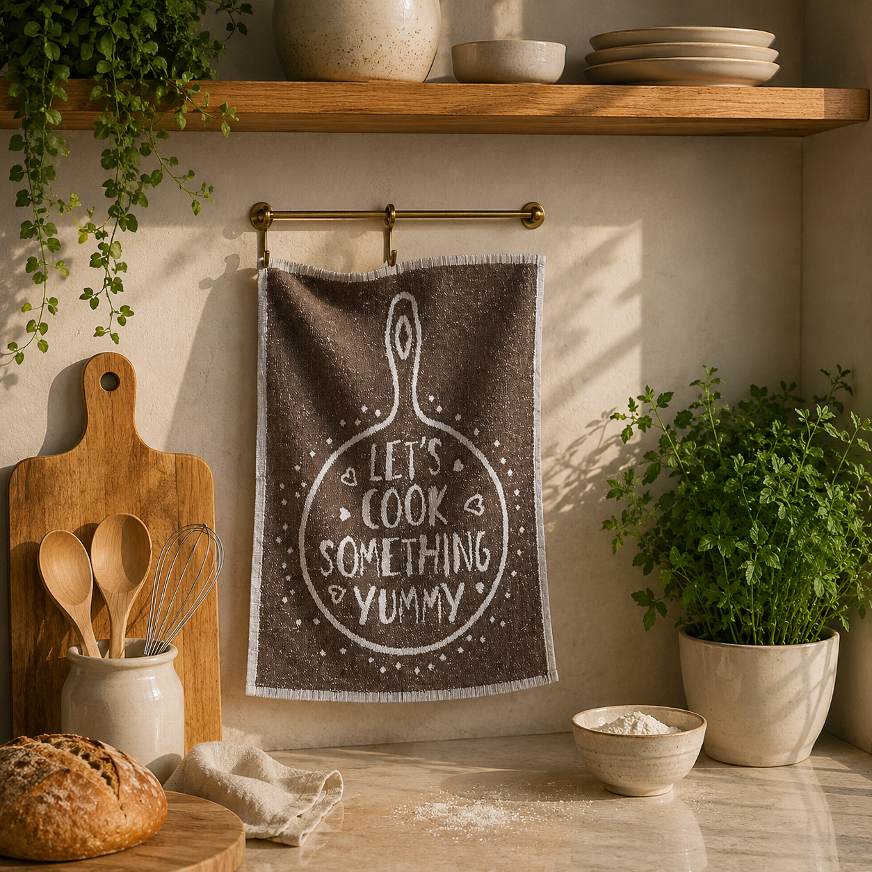 Let's Cook Something Yummy Beige Terry Kitchen Towel