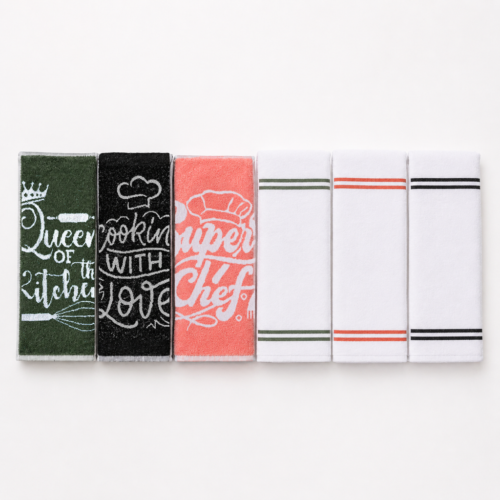 6 Kitchen Towels Flat & Terry