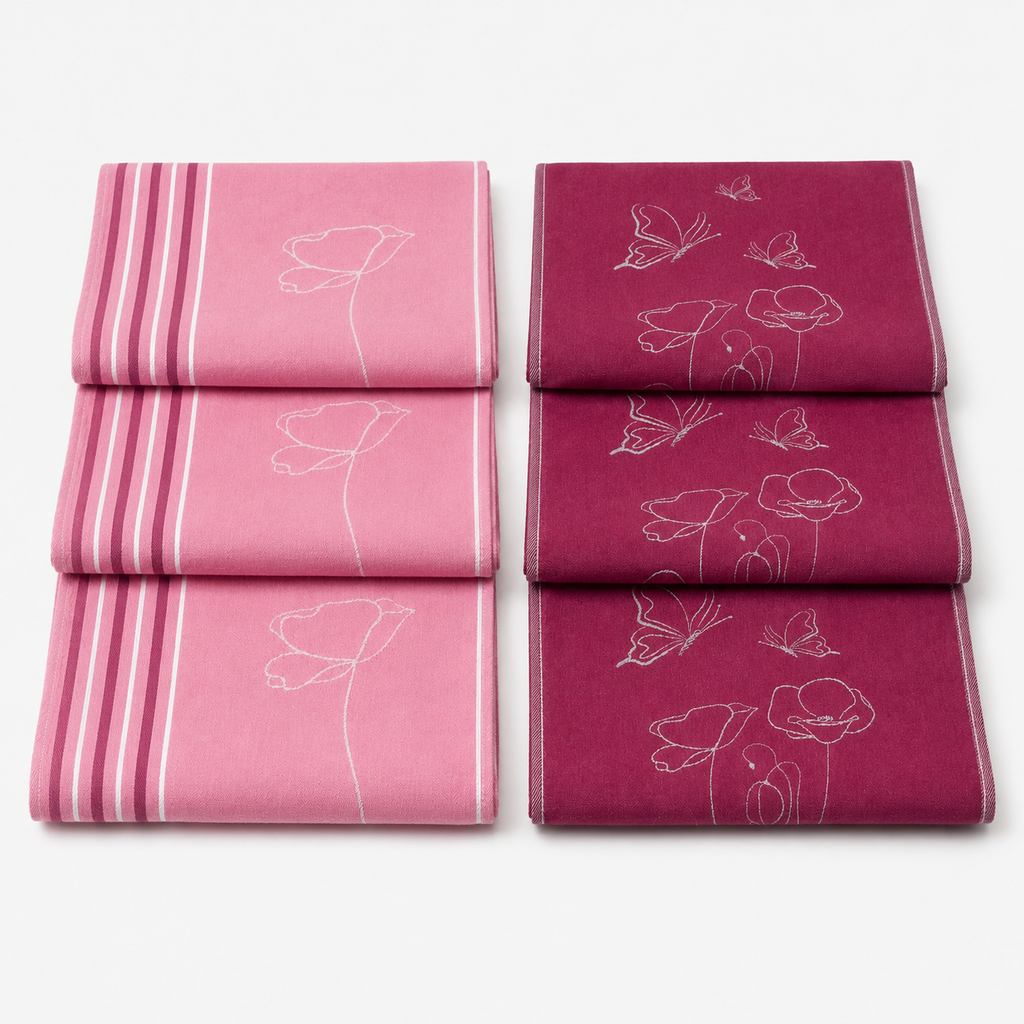 6 Pink Flat Kitchen Towels Set
