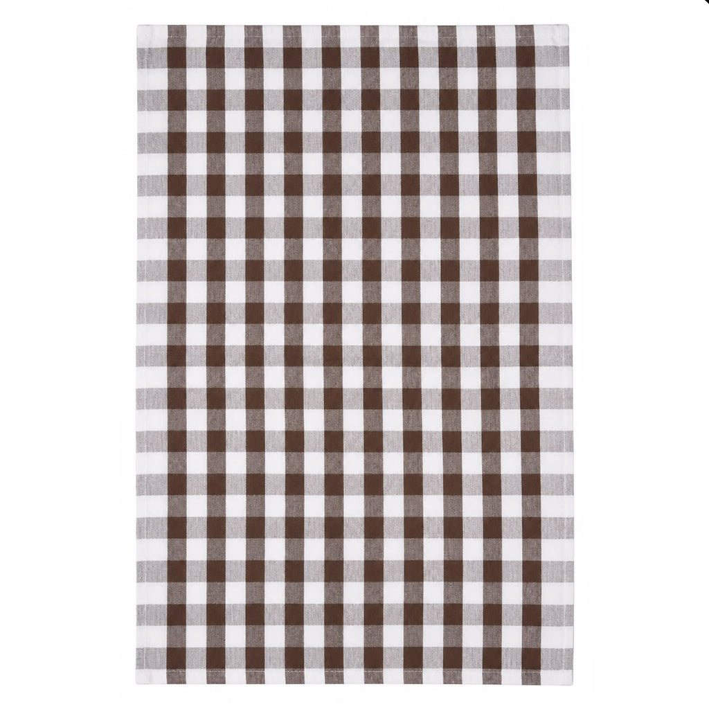 A rectangular kitchen towel featuring a classic brown and white gingham checkered pattern.