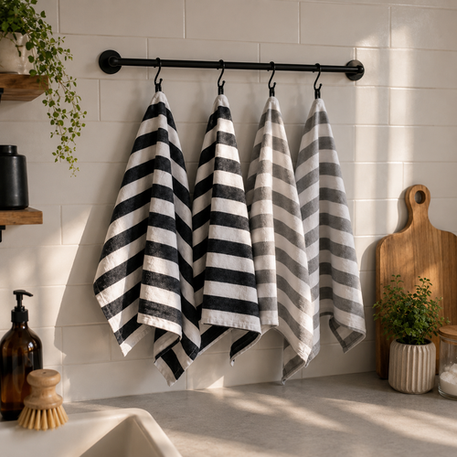 4 Black & Gray Striped Kitchen Towels Set