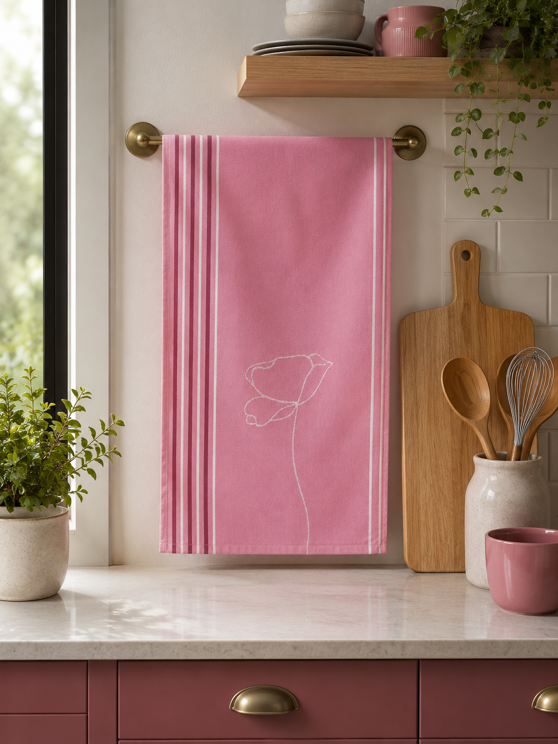 6 Pink Flat Kitchen Towels Set