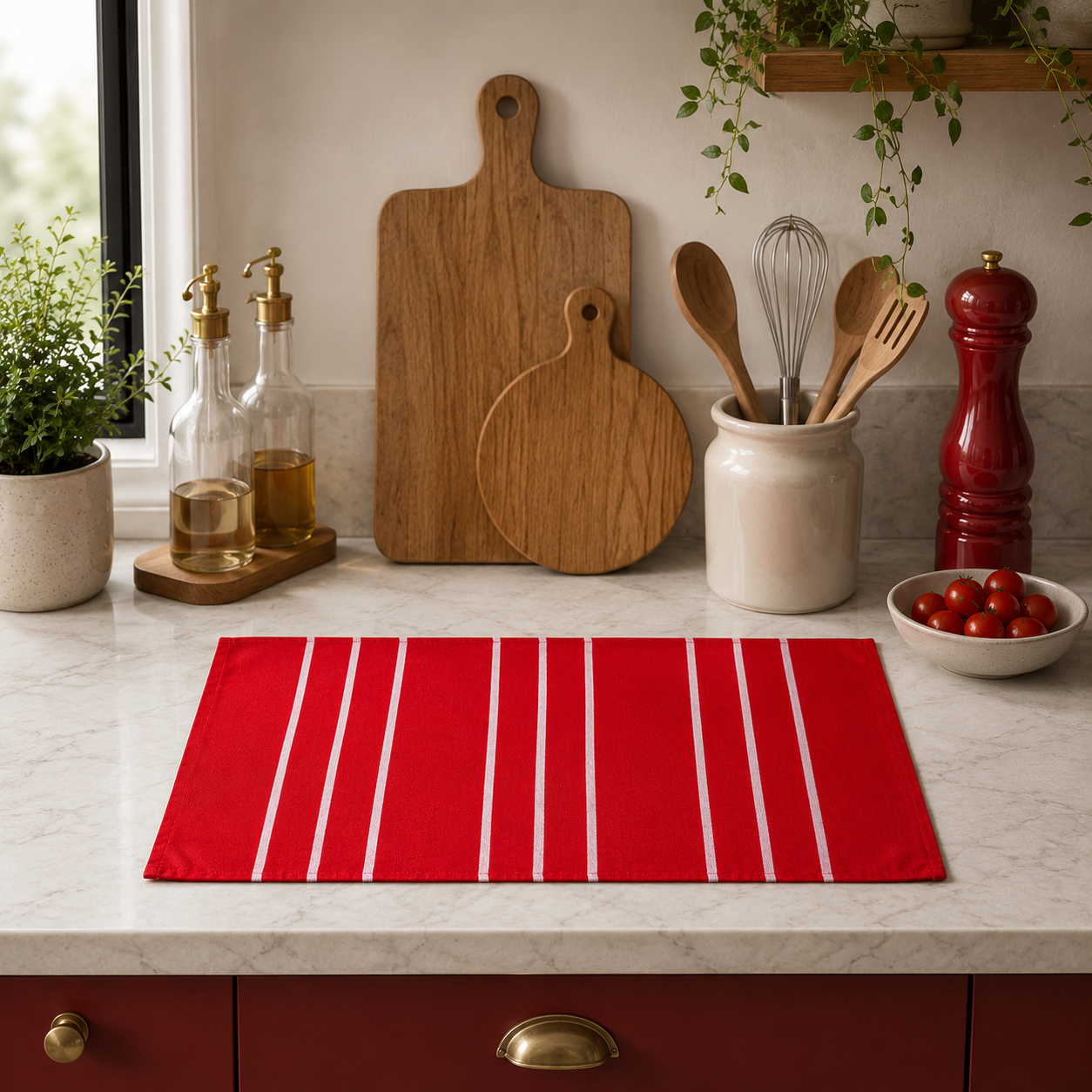 Red Linear Stripes Flat Kitchen Towel