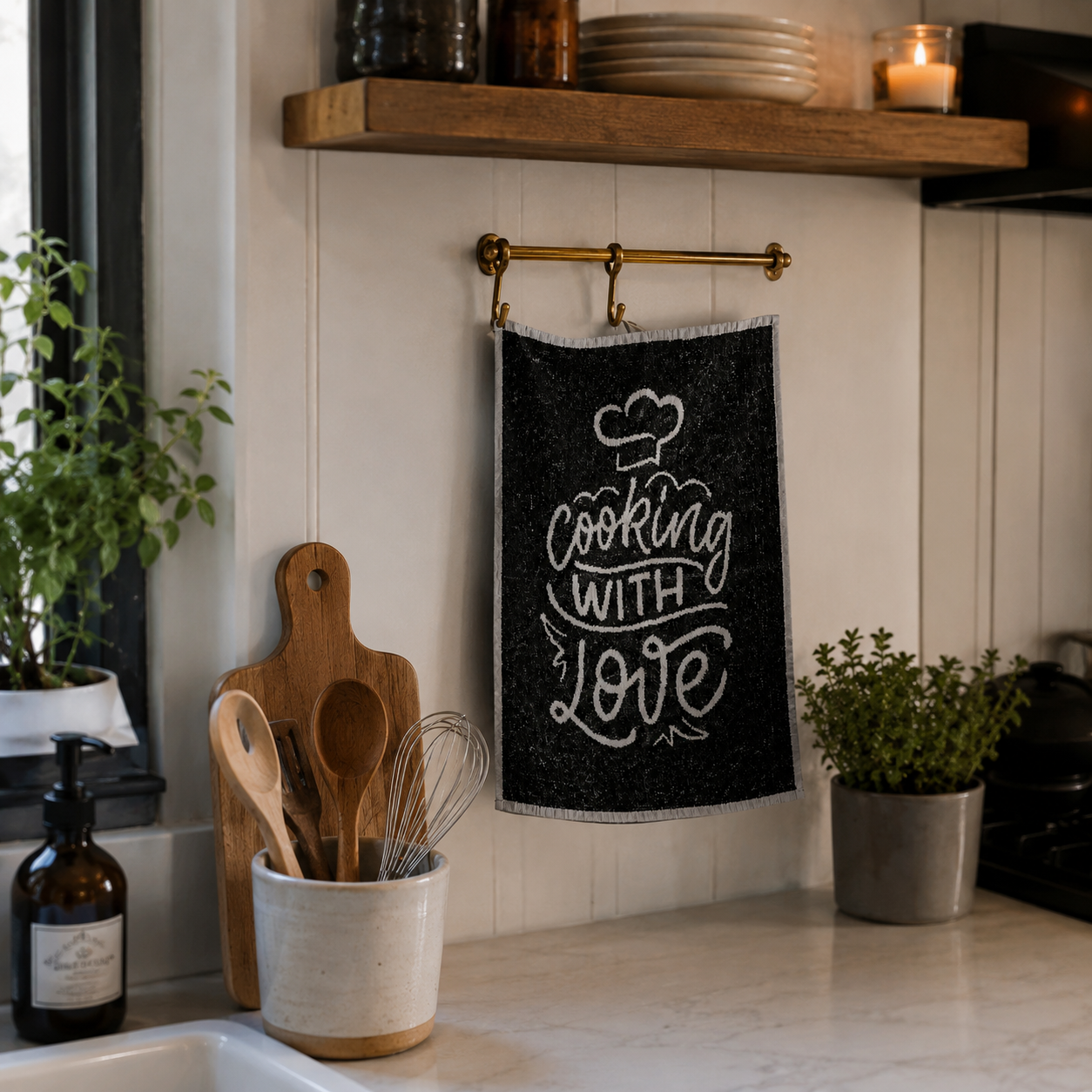 Cooking With Love Black Terry Kitchen Towel