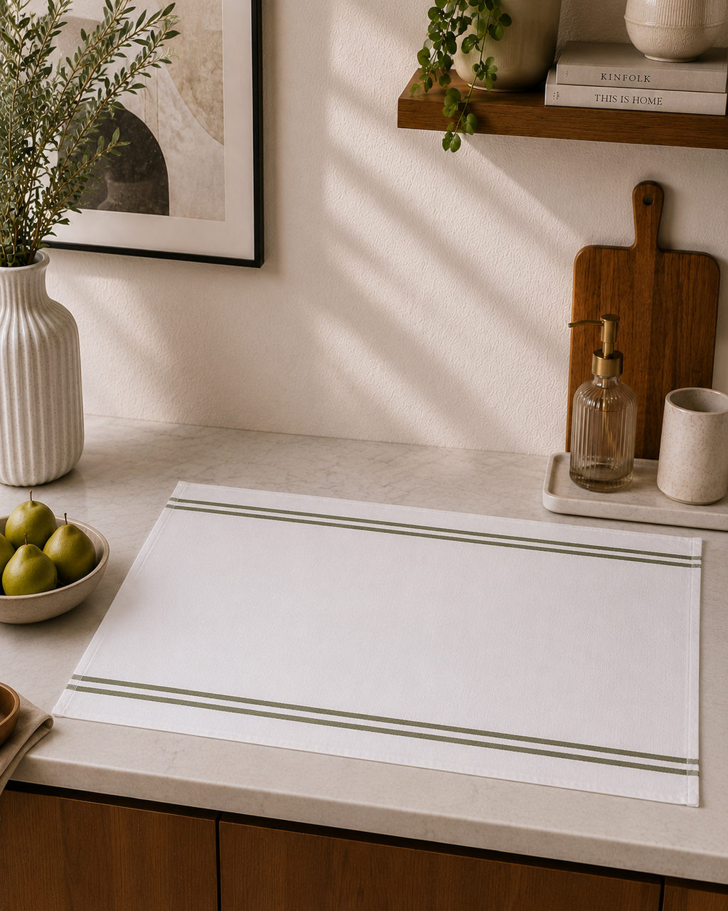 Double Striped Olive Flat Kitchen Towel