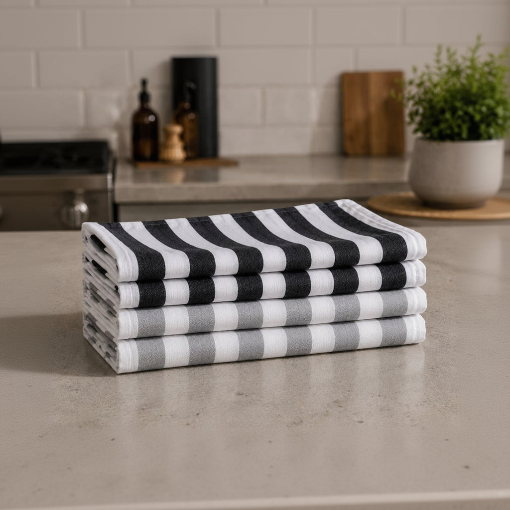 4 Black & Gray Striped Kitchen Towels Set
