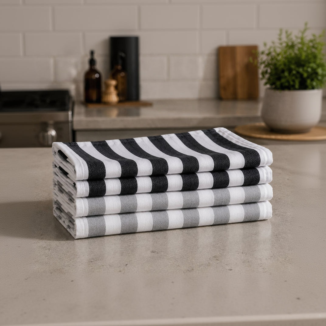 4 Black & Gray Striped Kitchen Towels Set