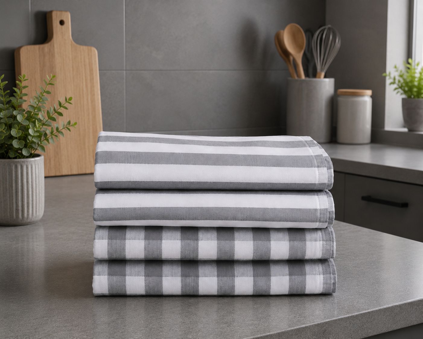 4 Gray Kitchen Towels Set
