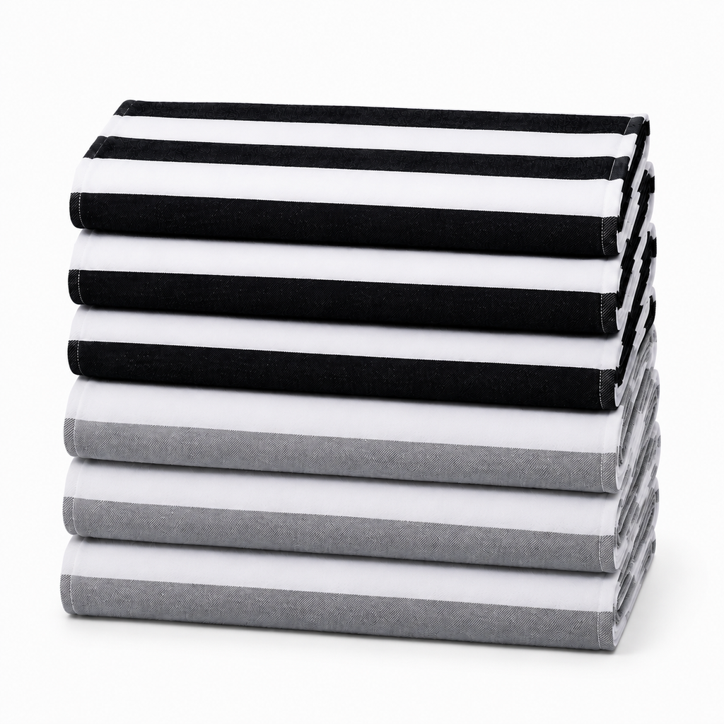 6 Black & Grey Striped Kitchen Towels Set